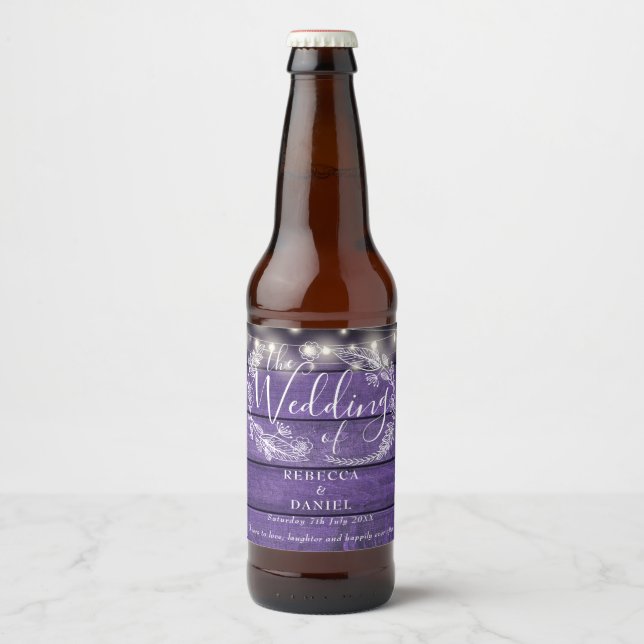 String Lights Floral Purple Rustic Wood Wedding Beer Bottle Label (Front)