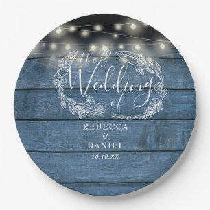 String Lights Floral Rustic Blue Wood Wedding Paper Plate