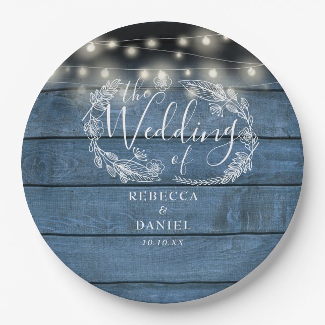 String Lights Floral Rustic Blue Wood Wedding Paper Plate (Front)