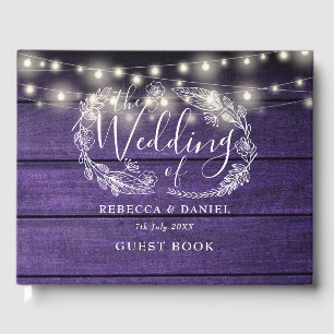 String Lights Floral Rustic Purple Wood Wedding Guest Book