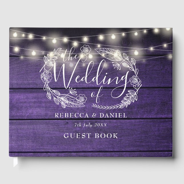 String Lights Floral Rustic Purple Wood Wedding Guest Book (Front)