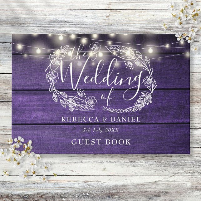 String Lights Floral Rustic Purple Wood Wedding Guest Book (String Lights Floral Rustic Purple Wood Wedding Guest Book)