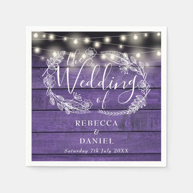 String Lights Floral Rustic Purple Wood Wedding Napkin (Front)