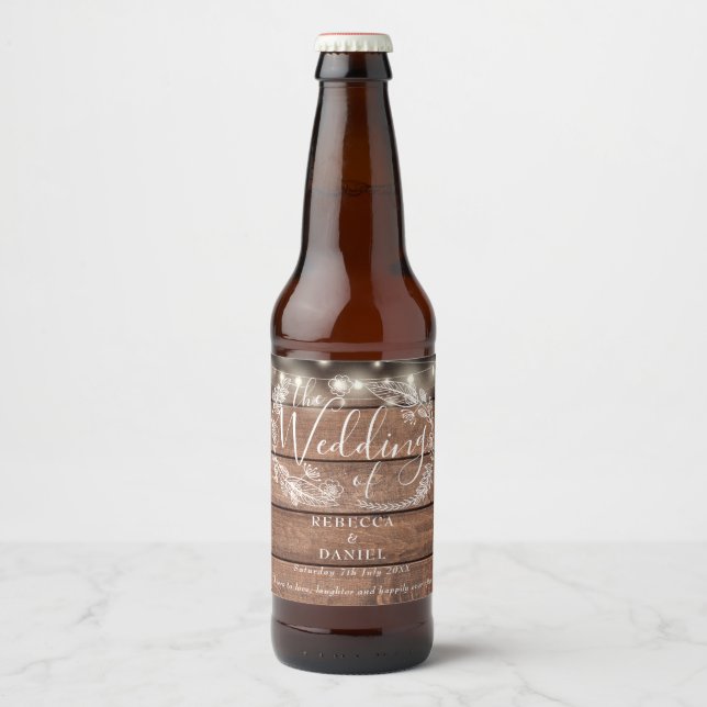 String Lights Floral Rustic Wood Wedding Beer Bottle Label (Front)