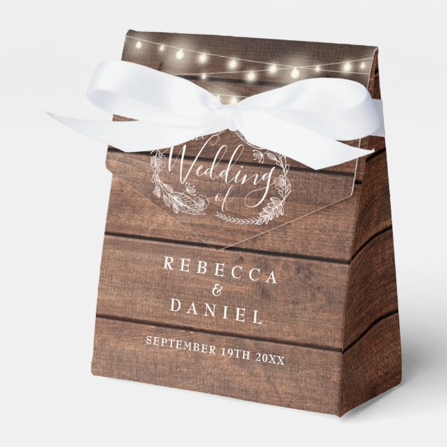 String Lights Floral Rustic Wood Wedding Favour Box (Front Side)