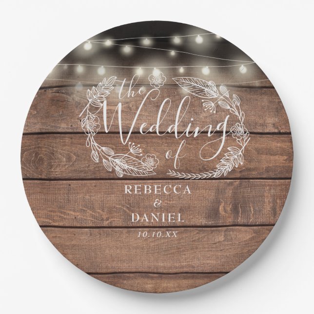 String Lights Floral Rustic Wood Wedding Paper Plate (Front)