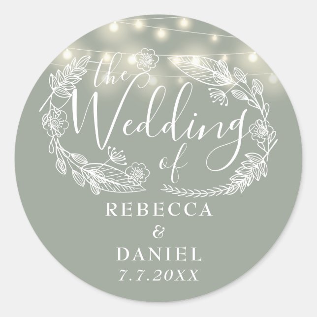 String Lights Floral Sage Green Wedding Classic Round Sticker (Front)