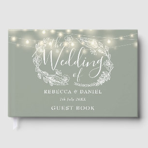String Lights Floral Sage Green Wedding Guest Book