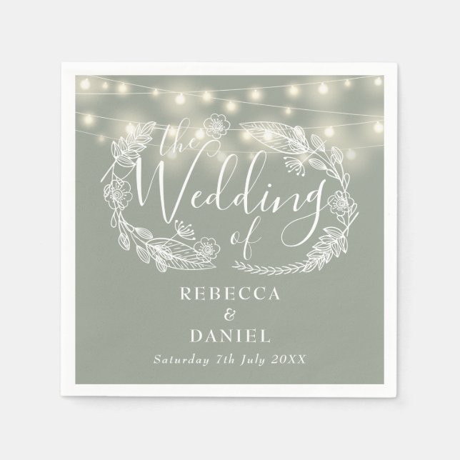String Lights Floral Sage Green Wedding Napkin (Front)