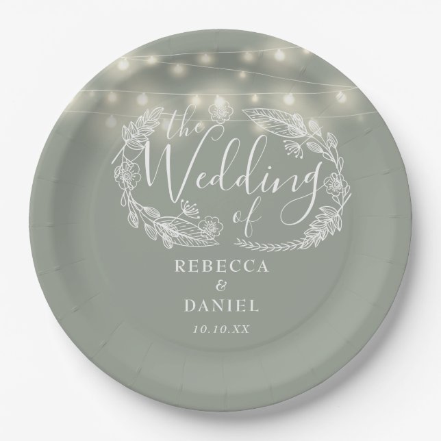 String Lights Floral Sage Green Wedding Paper Plate (Front)