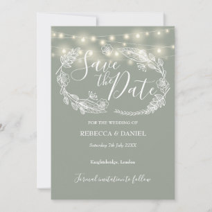 String Lights Floral Sage Green Wedding Save The Date