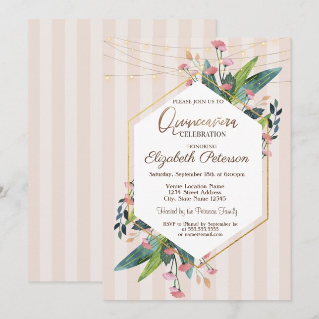String Lights Floral Striped Quinceañera  Invitation (Front/Back)