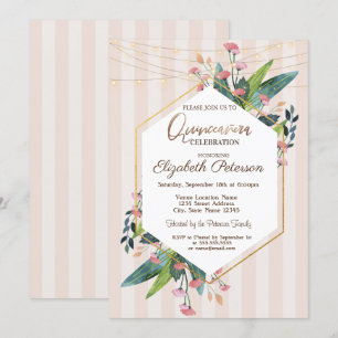 String Lights Floral Striped Quinceañera Invitation