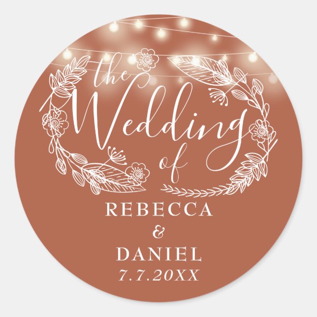 String Lights Floral Terracotta Wedding Classic Round Sticker (Front)