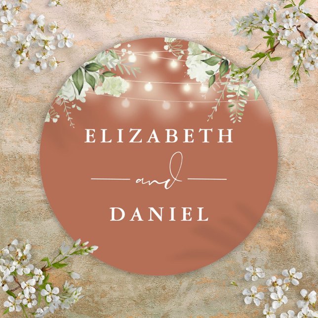 String Lights Floral Terracotta Wedding Favour Classic Round Sticker (String Lights Floral Terracotta Wedding Favor Classic Round Sticker)