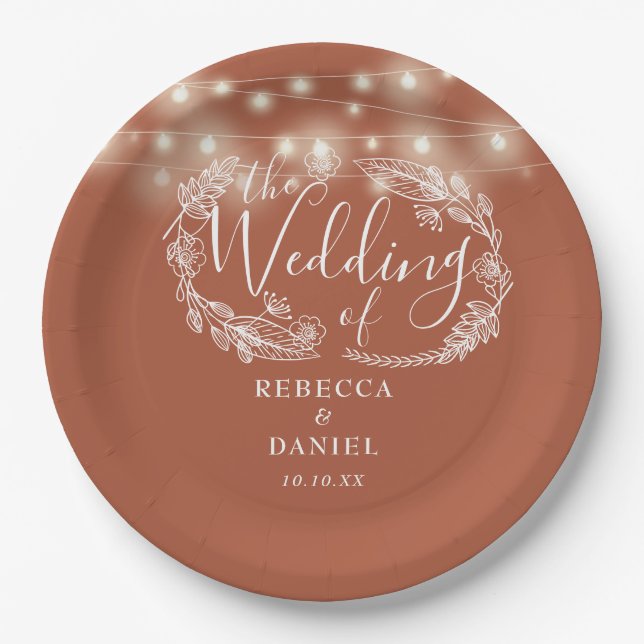 String Lights Floral Terracotta Wedding Paper Plate (Front)