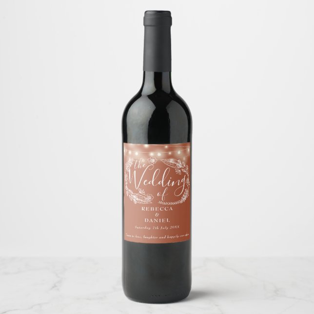 String Lights Floral Terracotta Wedding Wine Label (Front)
