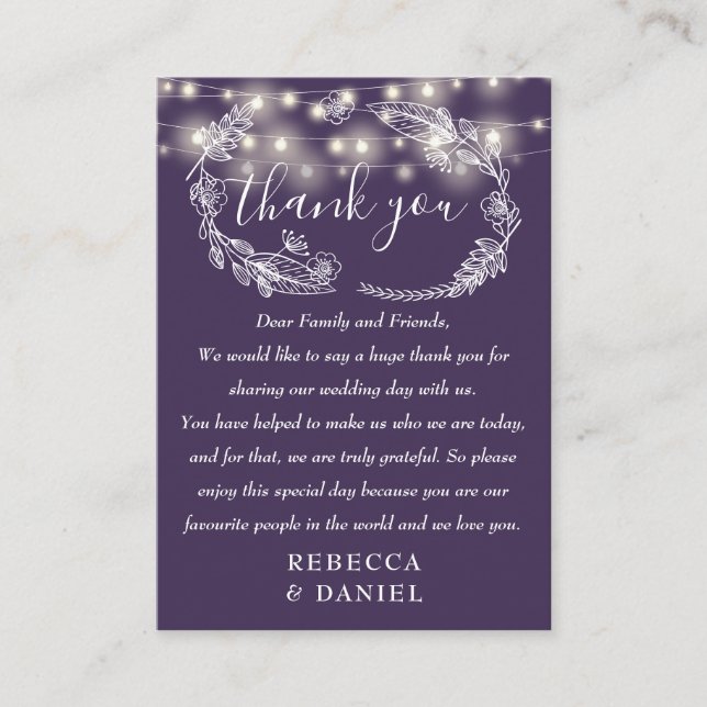 String Lights Floral Thank You Purple Wedding Place Card (Front)
