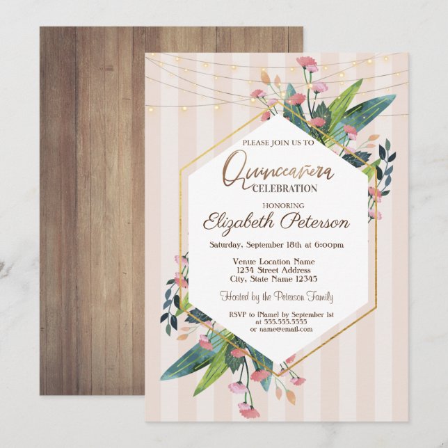 String Lights Floral Wood Stripes Quinceañera Invitation (Front/Back)