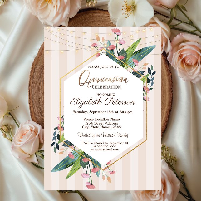 String Lights Floral Wood Stripes Quinceañera Invitation (Creator Uploaded)