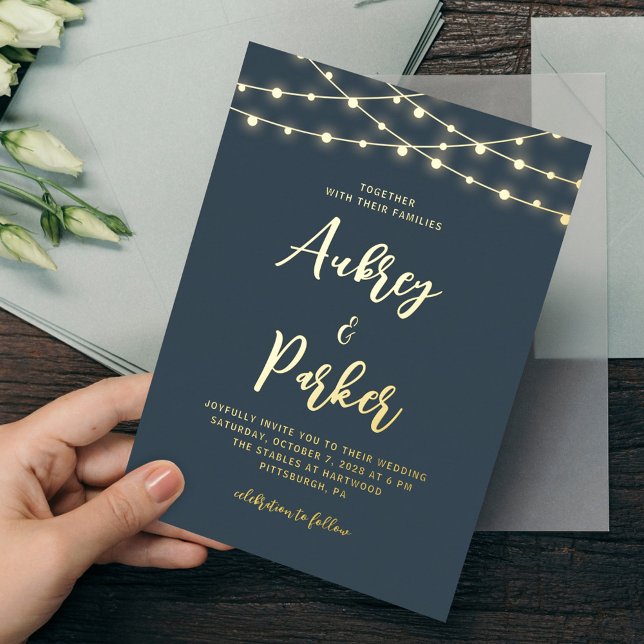 String Lights FOIL Custom Colour Wedding Invitatio (Use the online editing tools to customize the background color to match your theme.)