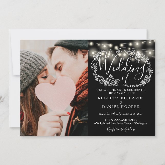 String Lights Foliage Photo All In One Wedding Invitation (Front)