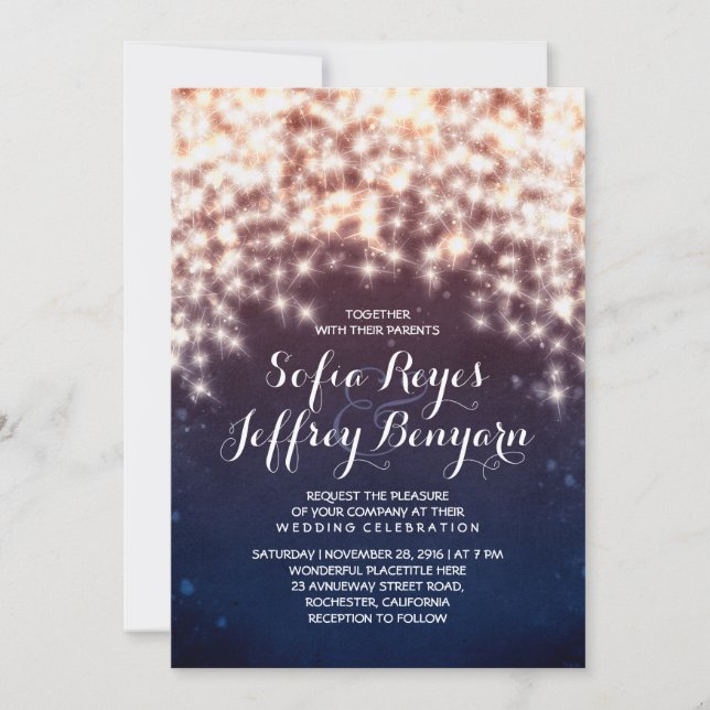String Lights Glitter Navy Vintage Elegant Wedding Invitation (Front)