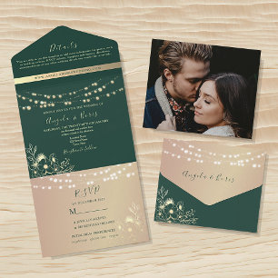 String Lights Gold and Emerald Green Wedding All In One Invitation