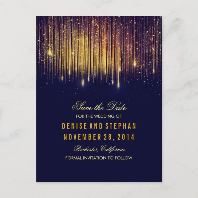 string lights gold confetti navy save the date announcement postcard (Front)