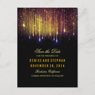 string lights gold confetti purple save the date announcement postcard