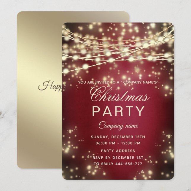 string lights  gold  corporate Christmas party red Invitation (Front/Back)
