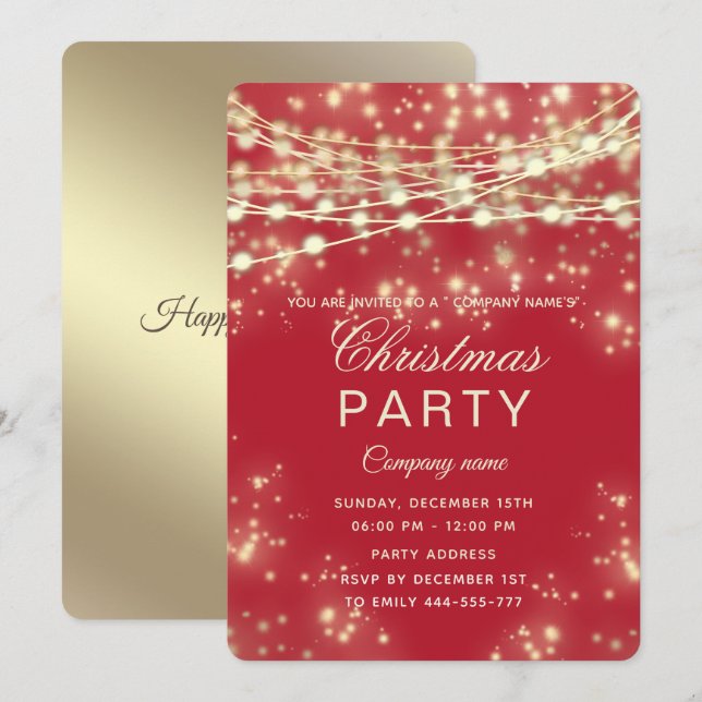 string lights  gold  corporate Christmas party red Invitation (Front/Back)