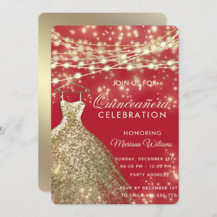 String lights gold red glitter dress invitation