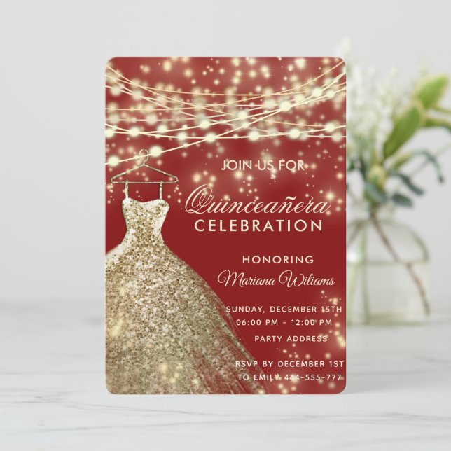 String lights gold red glitter dress  invitation (Standing Front)