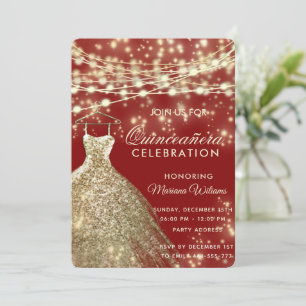 String lights gold red glitter dress  invitation