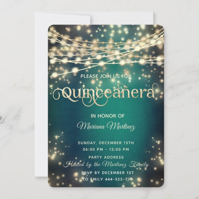 String lights gold sparkle Emerald green  Invitation (Front)