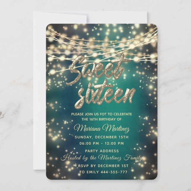String lights gold sparkle emerald green invitation (Front)