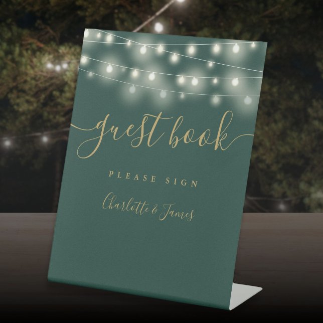 String Lights Green And Gold Script Guest Book Pedestal Sign (String Lights Green And Gold Script Guest Book Pedestal Sign)