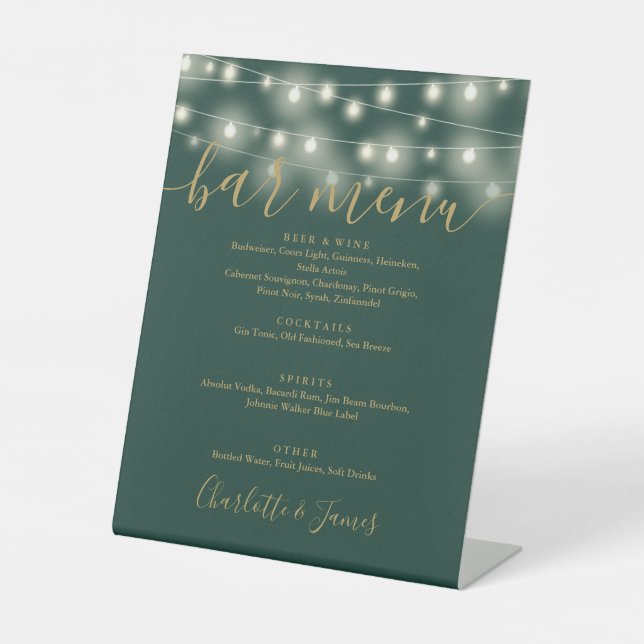 String Lights Green And Gold Wedding Bar Menu Pedestal Sign (Front)