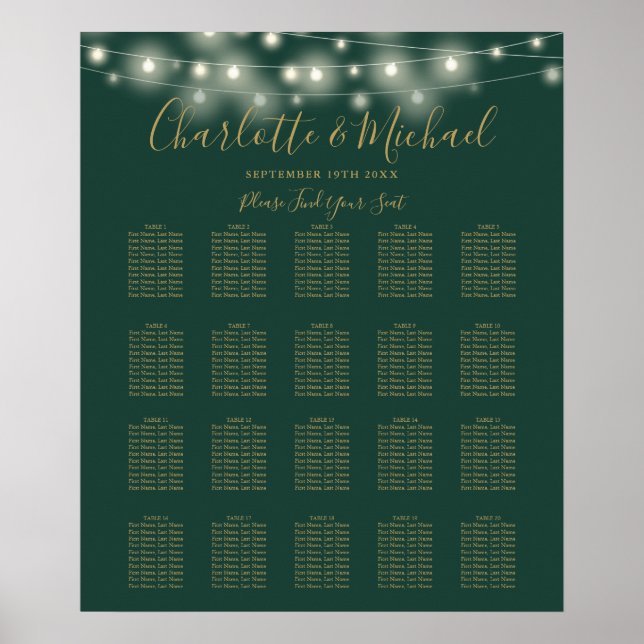 String Lights Green And Gold Wedding Seating Chart (Front)