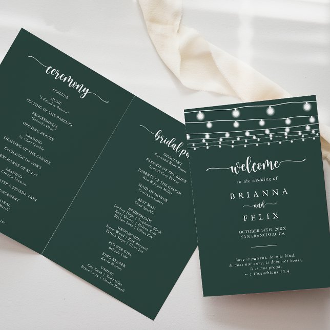 String Lights Green Folded Wedding Program Programme (Creator Uploaded)