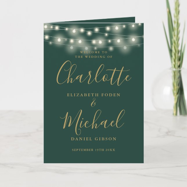 String Lights Green Gold Elegant Script Wedding Programme (Front)