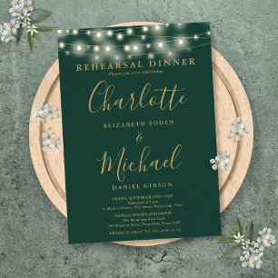 String Lights Green Gold Script Rehearsal Dinner Invitation