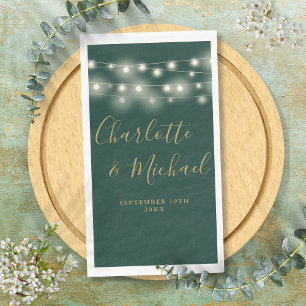 String Lights Green Gold Signature Script Wedding Napkin