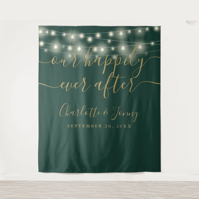 String Lights Green Gold Wedding Photo Backdrop Tapestry (Front)