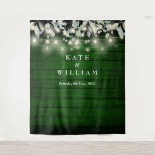 String Lights Green Wood Wedding Photo Backdrop Tapestry