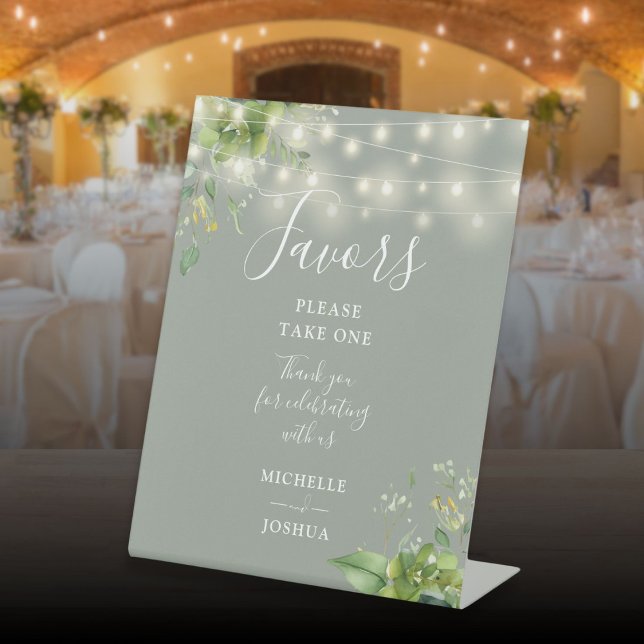 String Lights Greenery Botanical Sage Green Favour Pedestal Sign (String Lights Greenery Botanical Sage Green Favors Pedestal Sign)