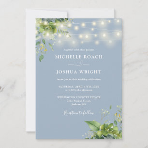 String Lights Greenery Dusty Blue Monogram Wedding Invitation