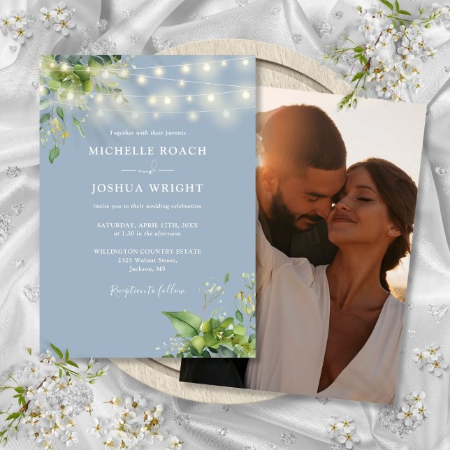 String Lights Greenery Dusty Blue Photo Wedding Invitation (String Lights Greenery Dusty Blue Photo Wedding Invitation)