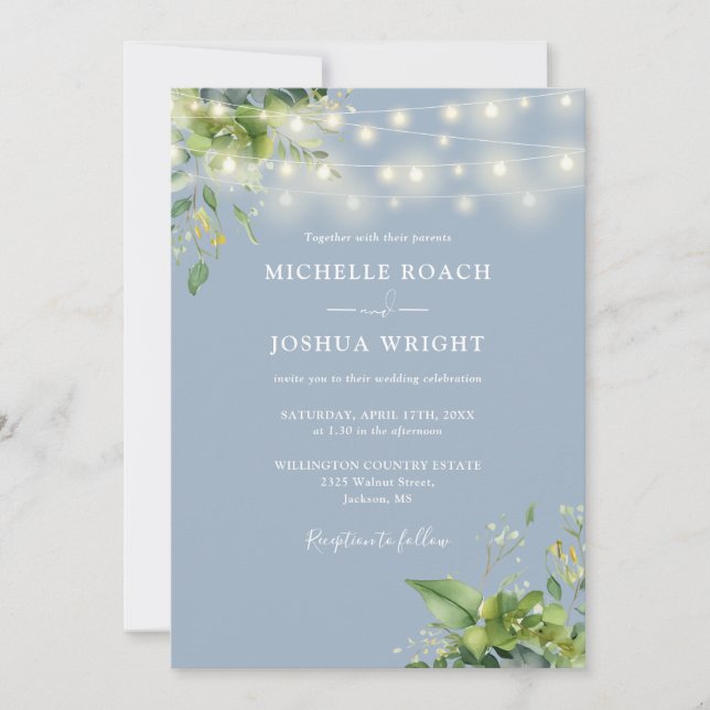 String Lights Greenery Dusty Blue QR Code Wedding Invitation (Front)